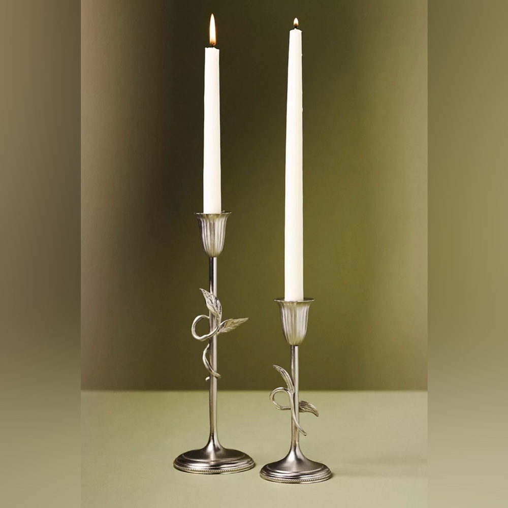 Anthropologie Hera Silver Taper Candle Holders Set of 2 Tall and Short NEW NIB